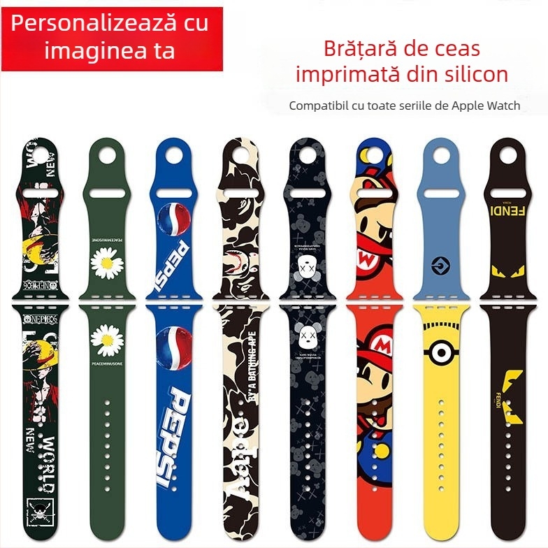 Brățară din silicon pentru Apple Watch, compatibilă cu seriile 3–7, imprimare personalizabilă, stil fashion