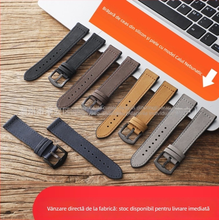 Bratara ceas - Crazy Horse model, din silicon și piele - închidere cu știft - pentru Huawei GT, Samsung și Apple Watch - la modă