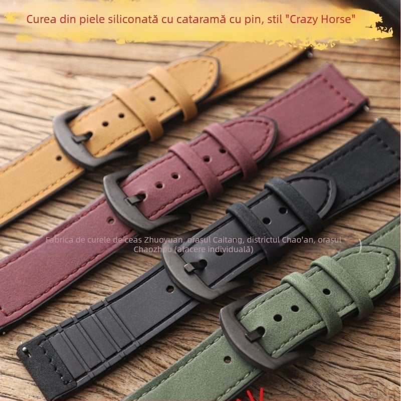 Brățară de ceas din silicon cu model Crazy Horse, cataramă cu știft, 20/22 mm, compatibilă cu Huawei GT345 și Apple Watch