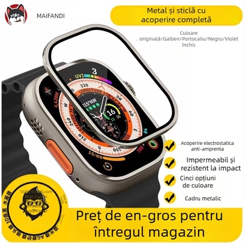 Protecție din sticlă temperată pentru Apple Watch S8 Ultra, cu ramă din aliaj de titan, acoperire integrală, 49mm