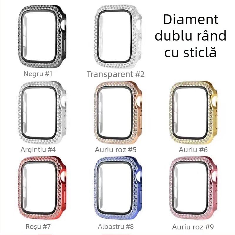Carcasă Apple Watch Series 2–10 cu două rânduri de diamante, corp din PC și folie de protecție a ecranului integrată