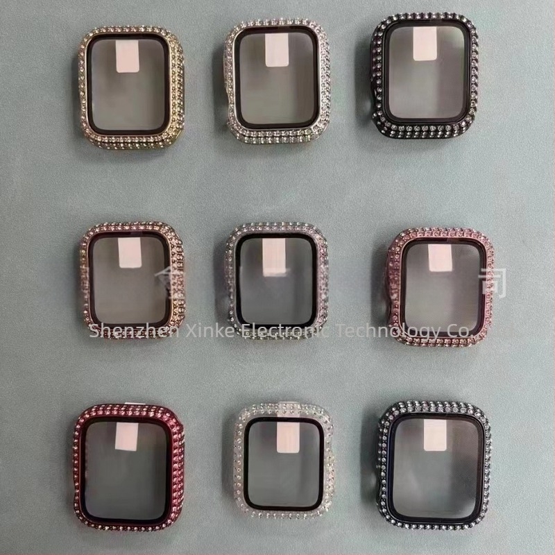 Xin shell husă Apple Watch pentru seria 6–11 cu accente diamantate, PC + sticlă temperată, protecție integrată