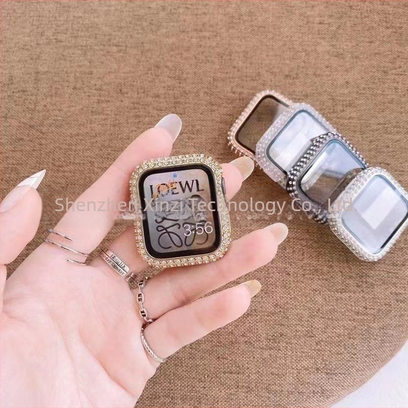 Xin shell husă Apple Watch pentru seria 6–11 cu accente diamantate, PC + sticlă temperată, protecție integrată