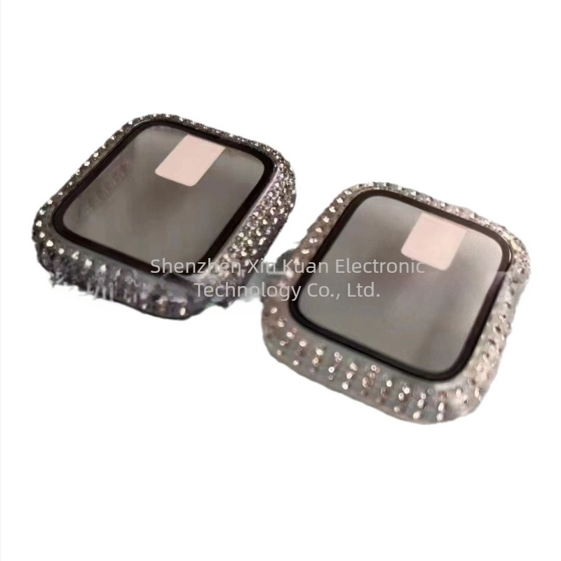 Xin shell husă Apple Watch pentru seria 6–11 cu accente diamantate, PC + sticlă temperată, protecție integrată