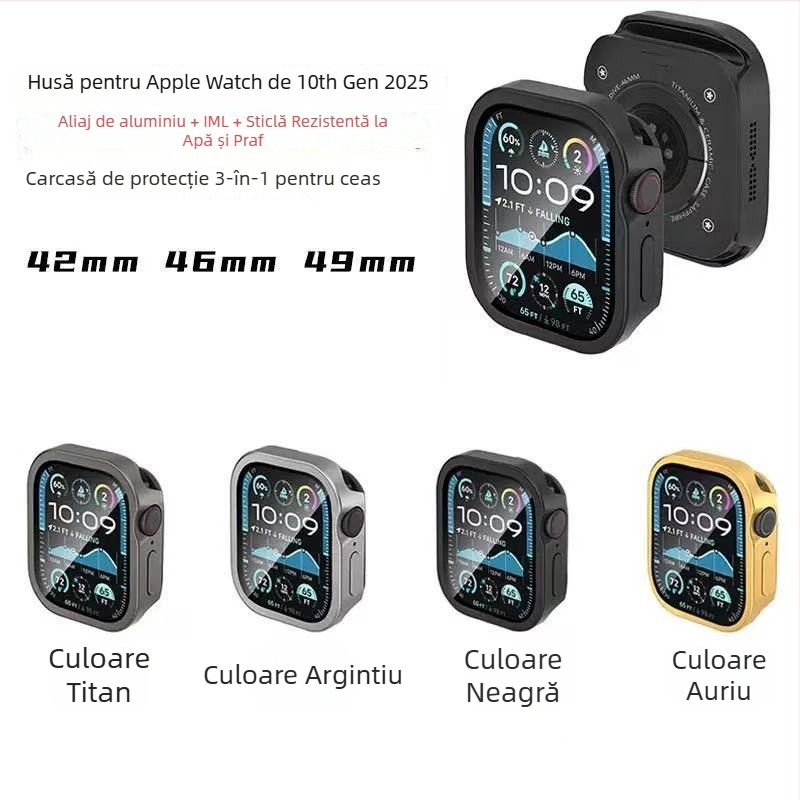 Carcasă de protecție pentru Apple Watch Ultra cu carcasă metalică, folie integrată a ecranului, aliaj de aluminiu, sticlă cu protecție triplă, impermeabilă