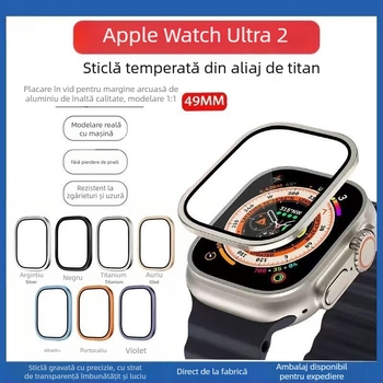 Protecție ecran din sticlă securizată cu carcasă integrată din aliaj de aluminiu și cadru metalic pentru Apple Watch Ultra