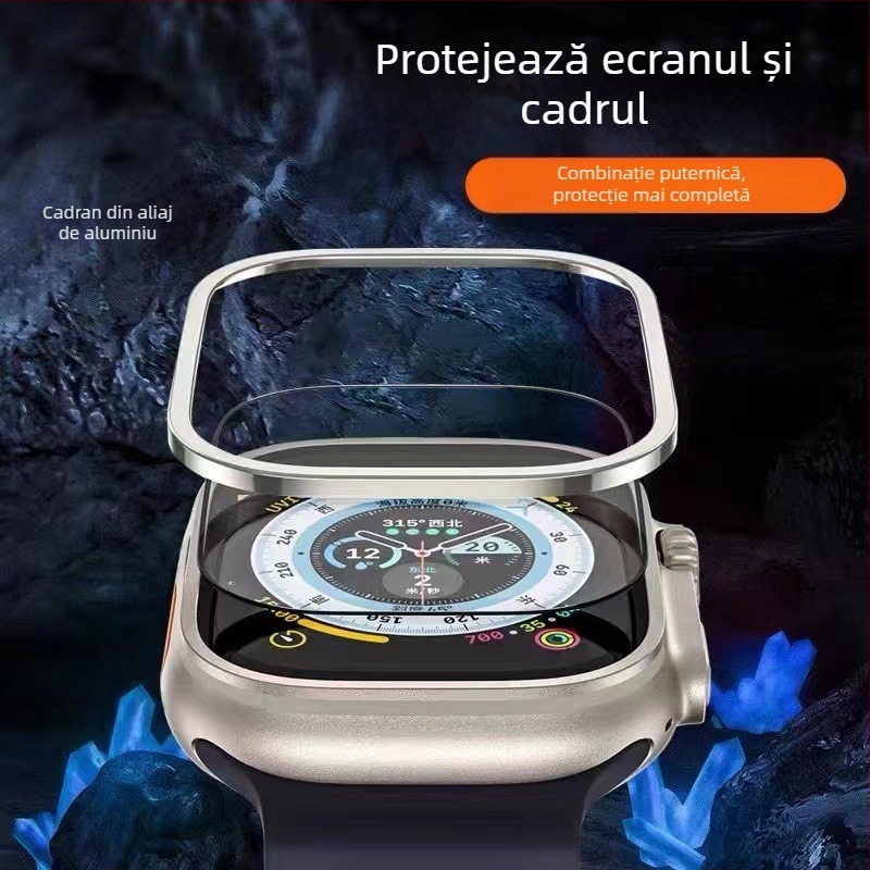 Protecție de ecran din sticlă temperată pentru Apple Watch Ultra cu cadru din aliaj de titan