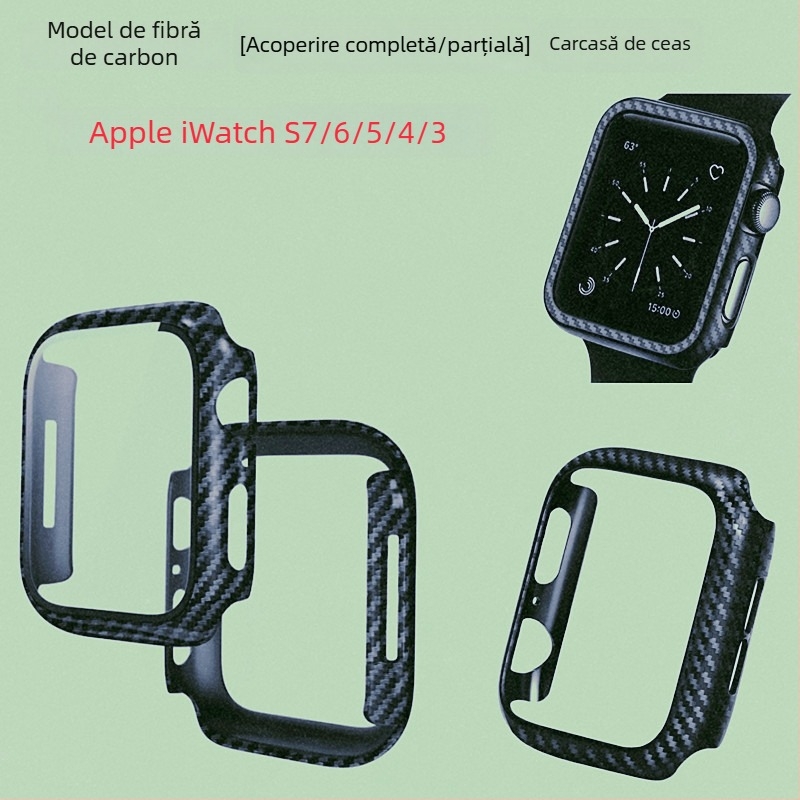 Carcasă PC dură pentru Apple Watch Series 8, cu textură fibră de carbon și folie de protecție integrată