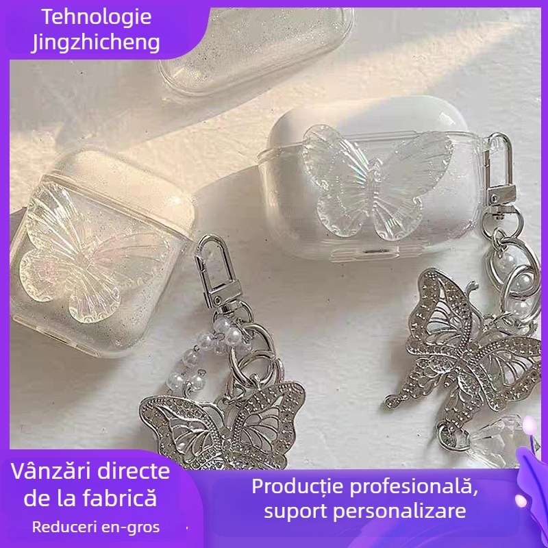 Pezt husă protecție AirPods – TPU, design transparent cu fluture în stil desen animat, cu lipire adezivă, personalizabil