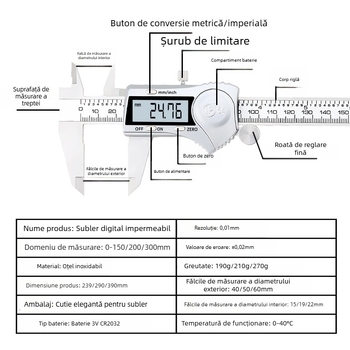 șubler digital din oțel inox IP54, afișaj electronic, precizie industrială, 150/200/300 mm