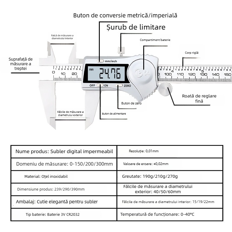șubler digital din oțel inox IP54, afișaj electronic, precizie industrială, 150/200/300 mm
