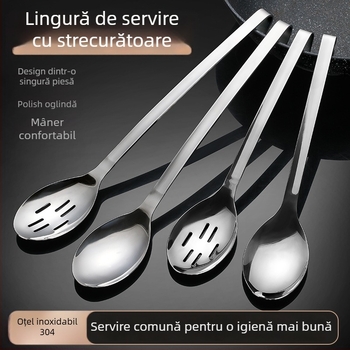 Lingură de servire pentru bufet din oțel inox, cu strecurător integrat și siglă gravată cu laser