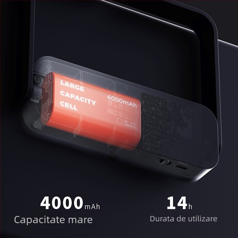 Lampă portabilă pentru țânțari cu tub UV, acoperire 11–20 m², 1800V tensiune rețea, baterie încorporată 3000–4000 mAh, autonomie >12h