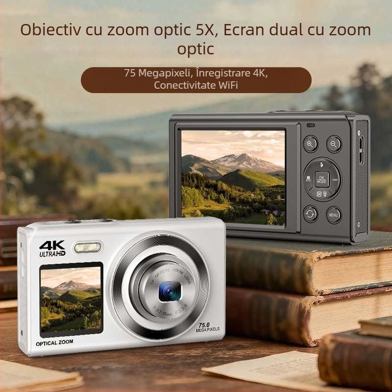 Cameră foto digitală cu ecran dublu pentru selfie, zoom optic 5x, CMOS 16MP (1/2.8), 3840x2160 la 30fps