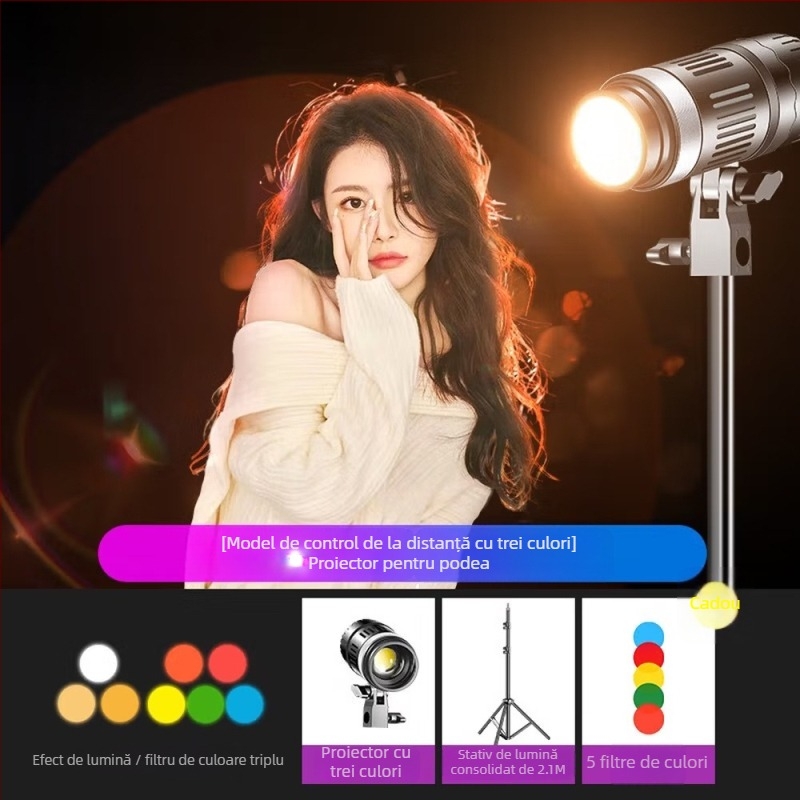Lampa LED de umplere pentru studio – model Hair fill light; putere 51–100W, 110V, temperatură de culoare reglabilă 2500K–9900K, trei temperaturi de culoare, utilizare verticală pentru live streaming și fotografie