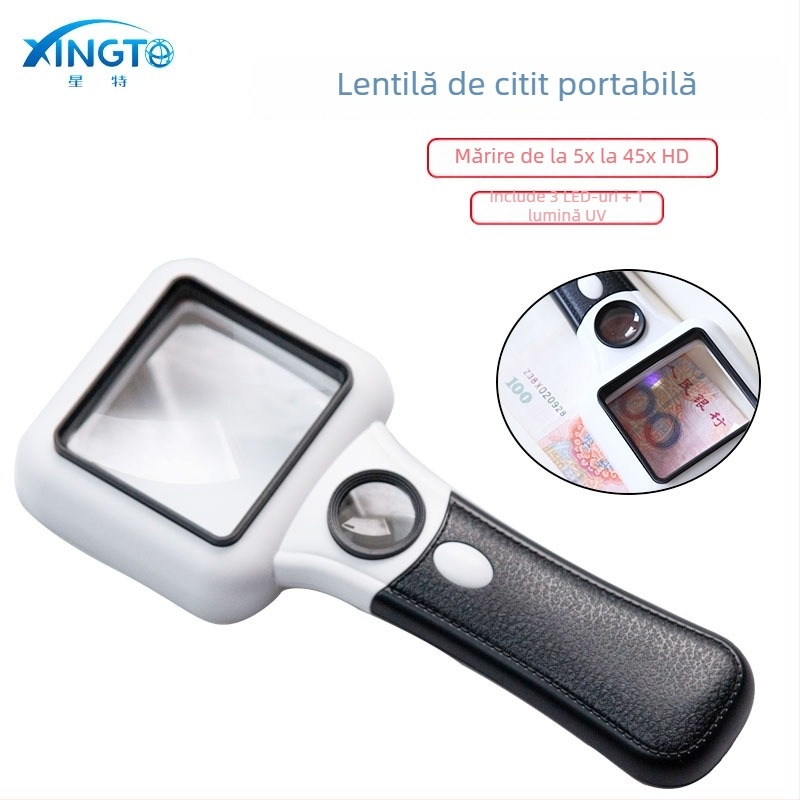 Lupa manuală TH-6018 cu mărire în două etape 5x/45x, 3 LED + lampă UV, ABS + acrilic