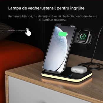 Încărcător wireless vertical 4 în 1, 15W încărcare rapidă PD, pentru telefon, ceas și căști Bluetooth, cu LED