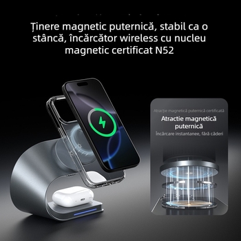 Încărcător wireless cu ventilator pe bază de semiconductori, suport magnetic 3 în 1, încărcare wireless 15W, PD încărcare rapidă, putere totală 33W