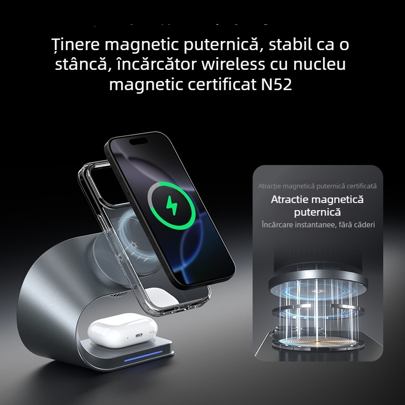 Încărcător wireless cu ventilator pe bază de semiconductori, suport magnetic 3 în 1, încărcare wireless 15W, PD încărcare rapidă, putere totală 33W