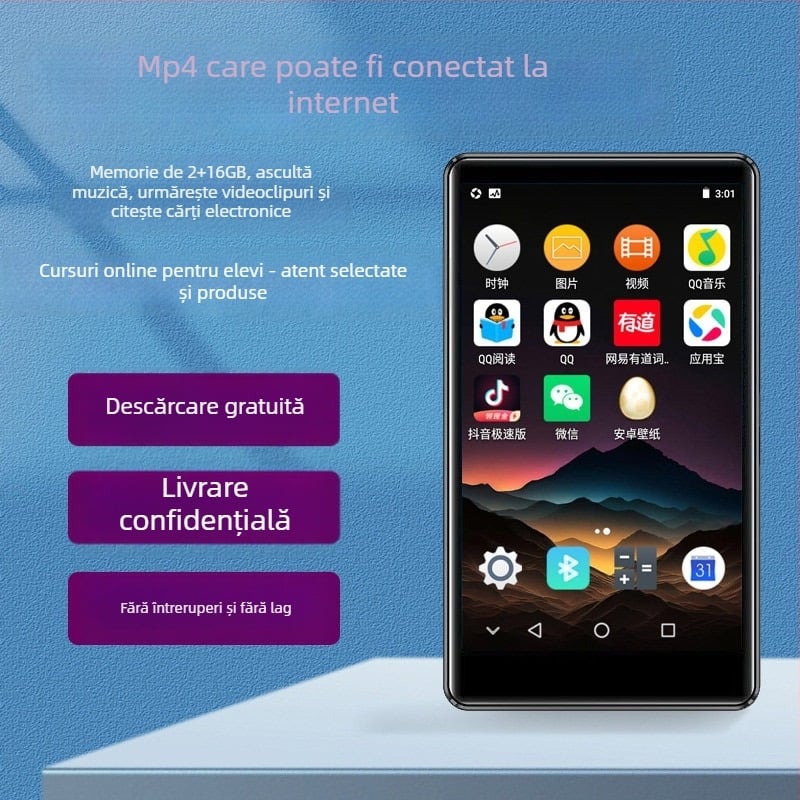 Player MP4 cu Wi‑Fi, ecran tactil de 4,0 inch, Bluetooth; afișaj 480×800; suportă MP3/WMA/WAV/OGG/FLAC audio și AVI/FLV video; baterie 2000mAh, USB 2.0, card TF; OEM disponibil, garanție de 1 an