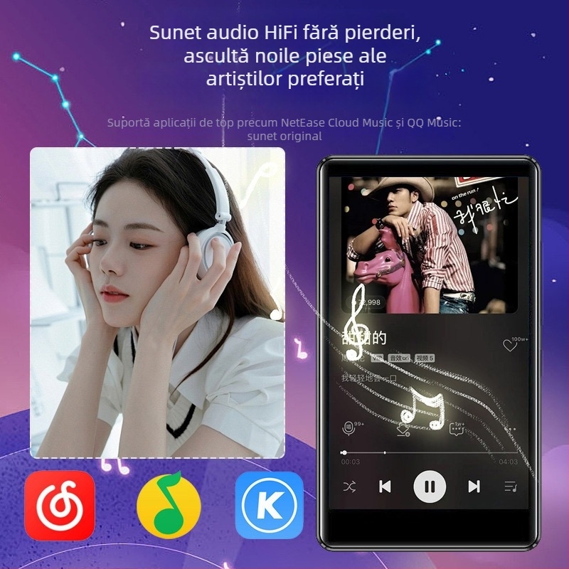 Player MP4 cu Wi‑Fi, ecran tactil de 4,0 inch, Bluetooth; afișaj 480×800; suportă MP3/WMA/WAV/OGG/FLAC audio și AVI/FLV video; baterie 2000mAh, USB 2.0, card TF; OEM disponibil, garanție de 1 an