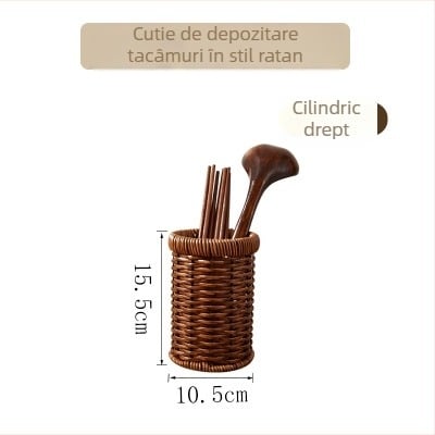 Organizator de bucătărie din ratan artificial, cu suport pentru tacâmuri, coș de scurs, coș pentru pâine și fructe, suport pentru bețișoare și organizator pentru vesela