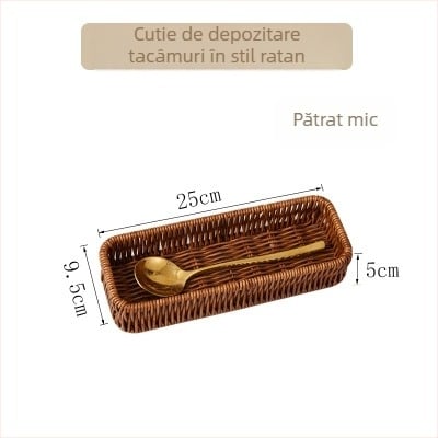 Organizator de bucătărie din ratan artificial, cu suport pentru tacâmuri, coș de scurs, coș pentru pâine și fructe, suport pentru bețișoare și organizator pentru vesela