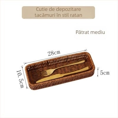Organizator de bucătărie din ratan artificial, cu suport pentru tacâmuri, coș de scurs, coș pentru pâine și fructe, suport pentru bețișoare și organizator pentru vesela