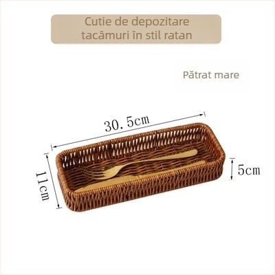 Organizator de bucătărie din ratan artificial, cu suport pentru tacâmuri, coș de scurs, coș pentru pâine și fructe, suport pentru bețișoare și organizator pentru vesela