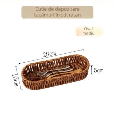 Organizator de bucătărie din ratan artificial, cu suport pentru tacâmuri, coș de scurs, coș pentru pâine și fructe, suport pentru bețișoare și organizator pentru vesela