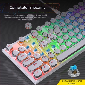 Tastatură mecanică cu iluminare RGB în trei moduri și buton multimedia electroplatinat, conectare prin cablu, 104 taste, carcasă metalică
