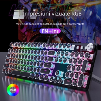 Tastatură mecanică cu iluminare RGB în trei moduri și buton multimedia electroplatinat, conectare prin cablu, 104 taste, carcasă metalică