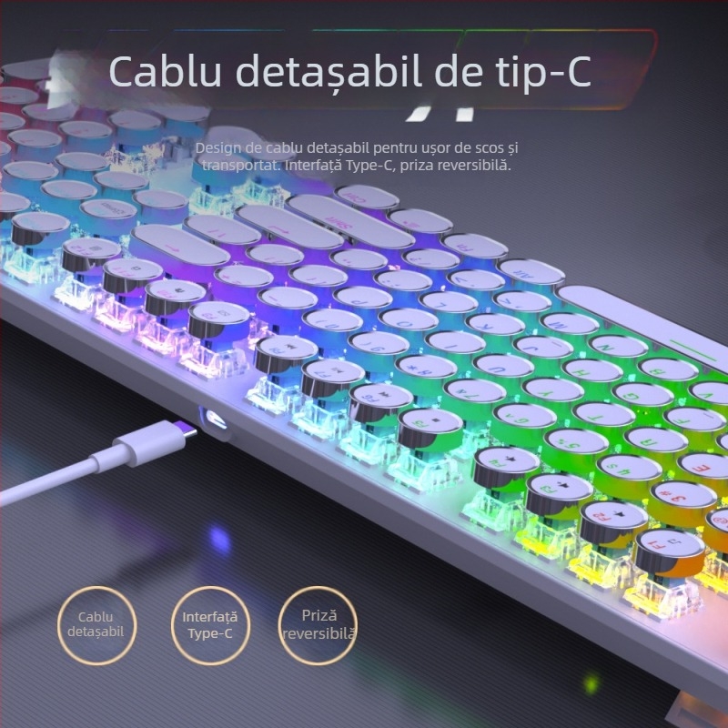 Tastatură mecanică cu iluminare RGB în trei moduri și buton multimedia electroplatinat, conectare prin cablu, 104 taste, carcasă metalică