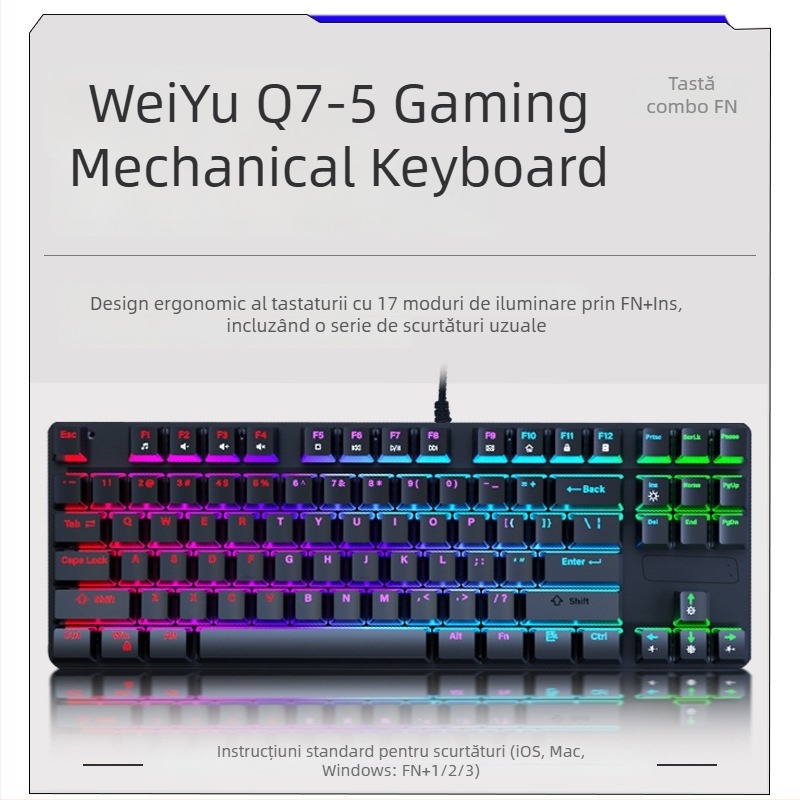 Tastatură mecanică cu iluminare RGB în trei moduri și buton multimedia electroplatinat, conectare prin cablu, 104 taste, carcasă metalică