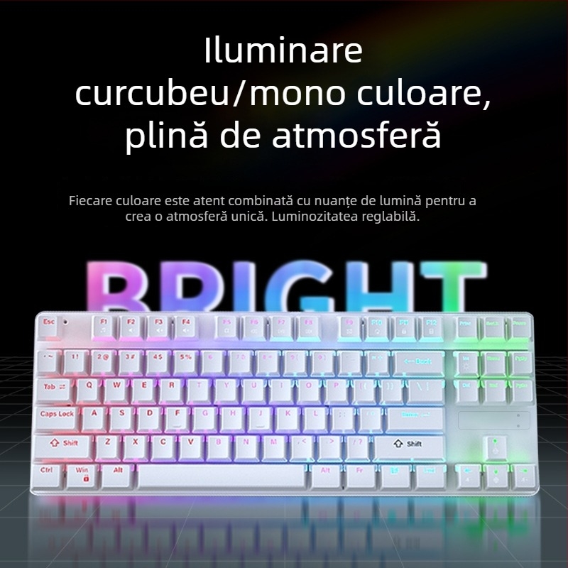 Tastatură mecanică cu iluminare RGB în trei moduri și buton multimedia electroplatinat, conectare prin cablu, 104 taste, carcasă metalică
