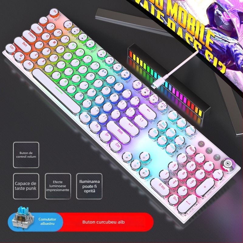 Tastatură mecanică cu iluminare RGB în trei moduri și buton multimedia electroplatinat, conectare prin cablu, 104 taste, carcasă metalică