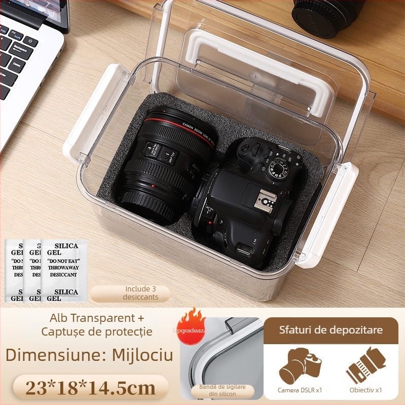 Cutie de dezumidificare pentru cameră SLR – uscare, rezistență la mucegai, depozitare etanșă pentru obiective și echipament digital