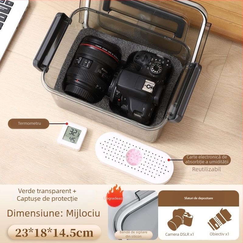 Cutie de dezumidificare pentru cameră SLR – uscare, rezistență la mucegai, depozitare etanșă pentru obiective și echipament digital