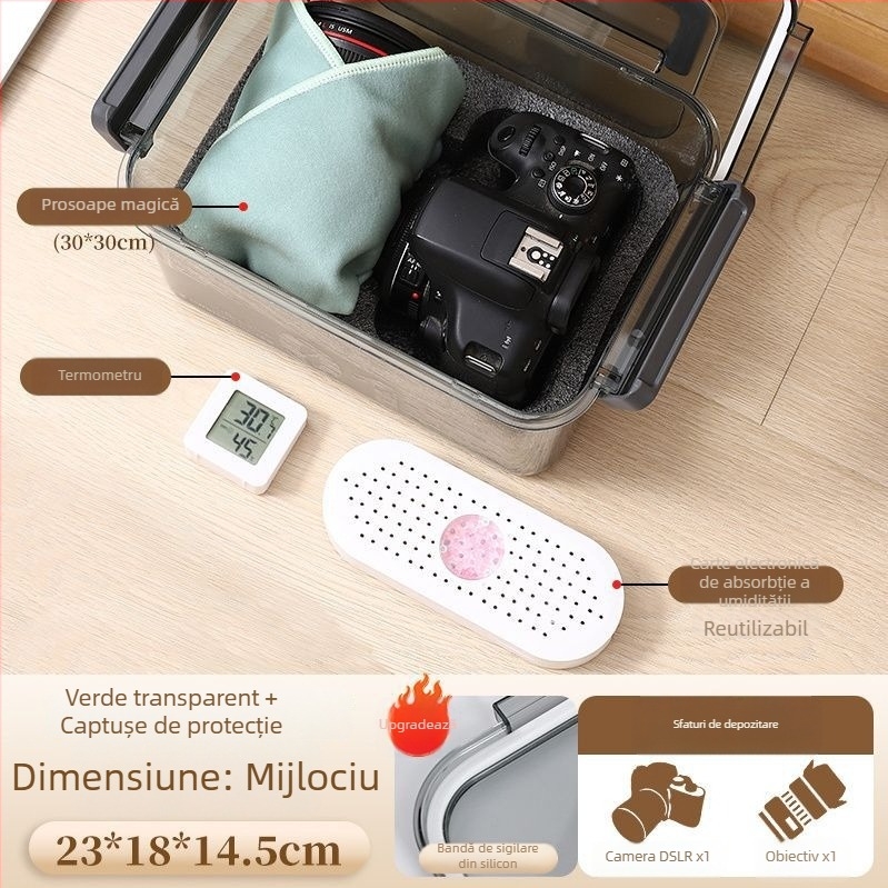 Cutie de dezumidificare pentru cameră SLR – uscare, rezistență la mucegai, depozitare etanșă pentru obiective și echipament digital
