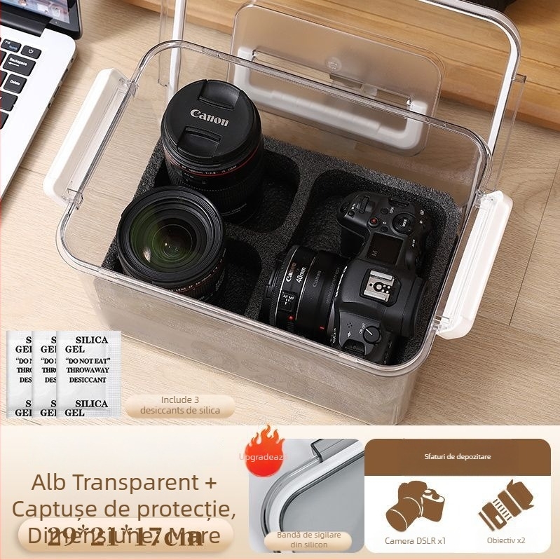 Cutie de dezumidificare pentru cameră SLR – uscare, rezistență la mucegai, depozitare etanșă pentru obiective și echipament digital