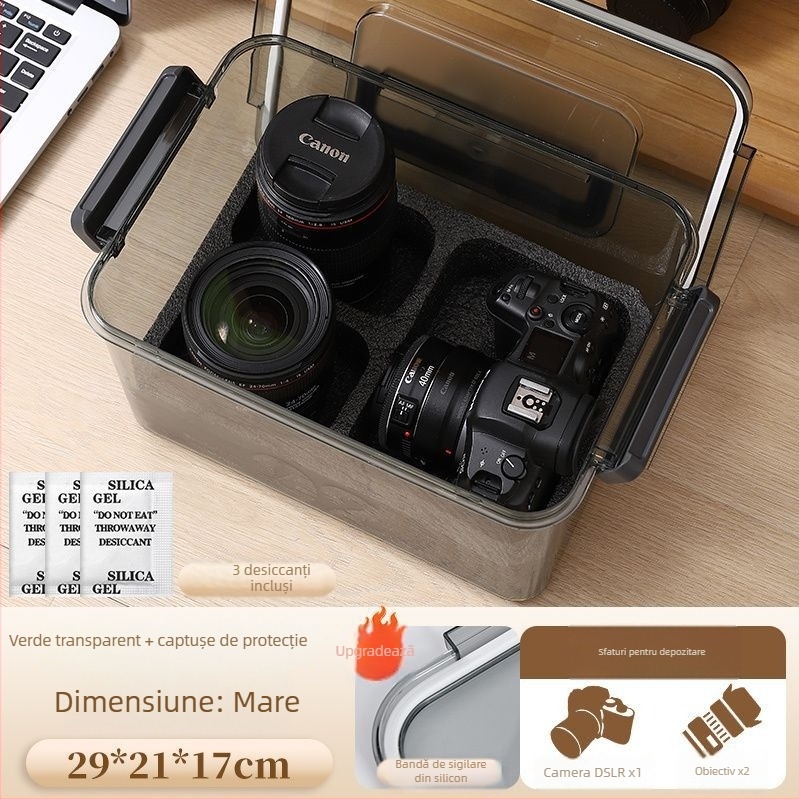 Cutie de dezumidificare pentru cameră SLR – uscare, rezistență la mucegai, depozitare etanșă pentru obiective și echipament digital