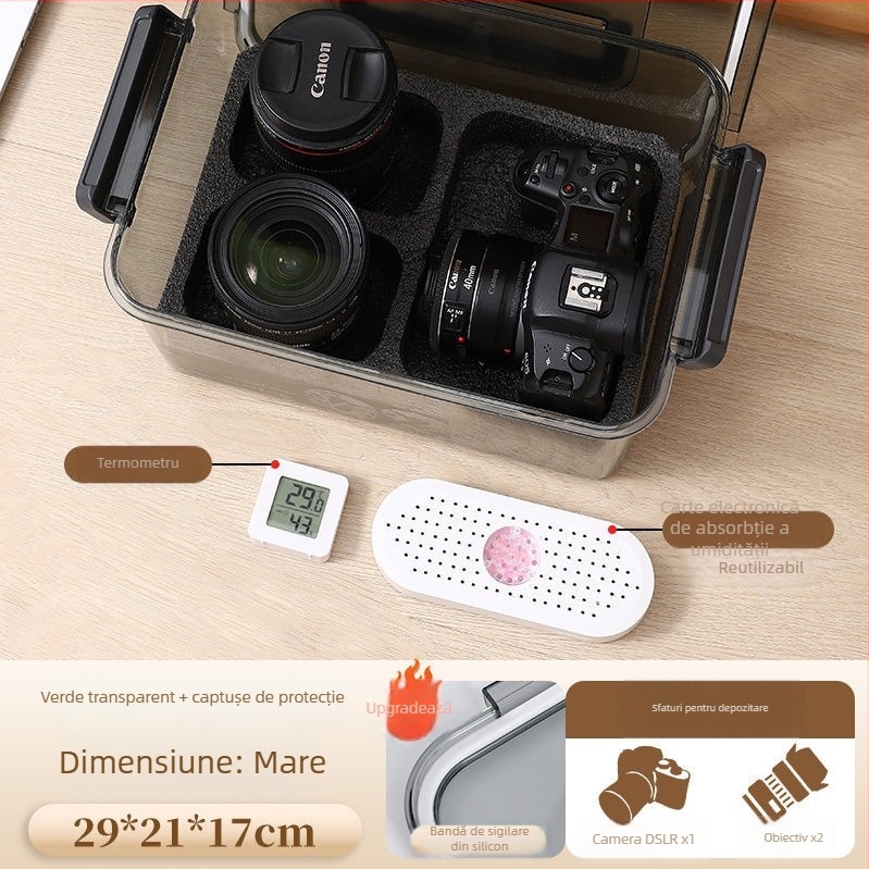 Cutie de dezumidificare pentru cameră SLR – uscare, rezistență la mucegai, depozitare etanșă pentru obiective și echipament digital