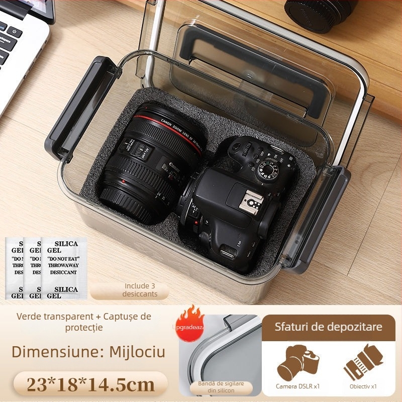 Cutie de dezumidificare pentru cameră SLR – uscare, rezistență la mucegai, depozitare etanșă pentru obiective și echipament digital