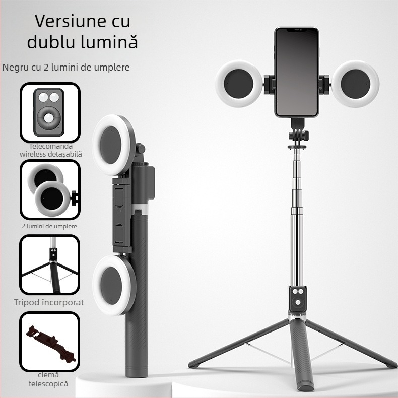 BT12 Suport selfie Bluetooth cu trepied și iluminare LED, telecomandă