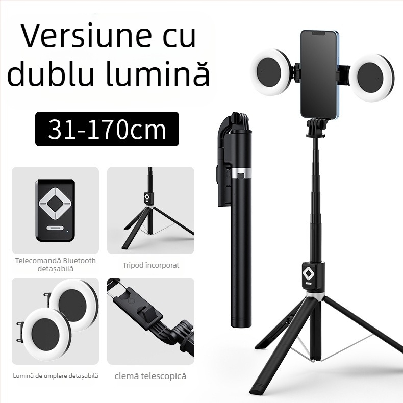 BT12 Suport selfie Bluetooth cu trepied și iluminare LED, telecomandă