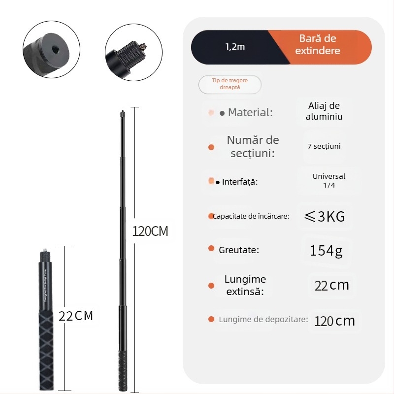 Mâner pentru selfie stick Bullet Time, rotire, 5 secțiuni, aliaj de aluminiu, sarcină 2–5 kg