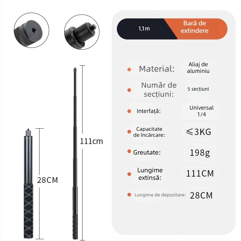 Mâner pentru selfie stick Bullet Time, rotire, 5 secțiuni, aliaj de aluminiu, sarcină 2–5 kg