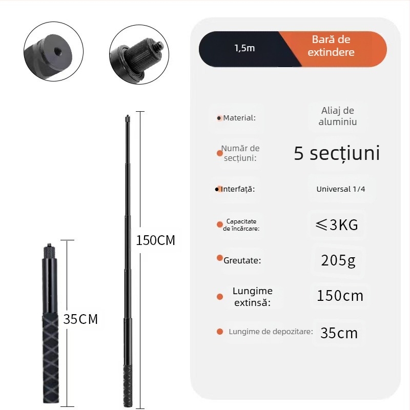 Mâner pentru selfie stick Bullet Time, rotire, 5 secțiuni, aliaj de aluminiu, sarcină 2–5 kg