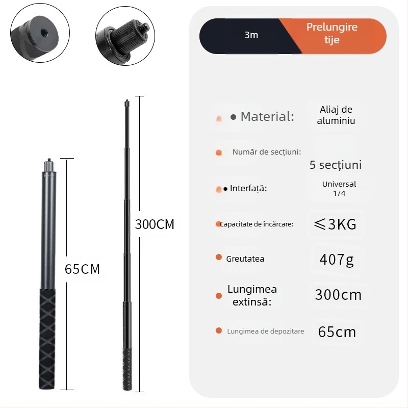 Mâner pentru selfie stick Bullet Time, rotire, 5 secțiuni, aliaj de aluminiu, sarcină 2–5 kg