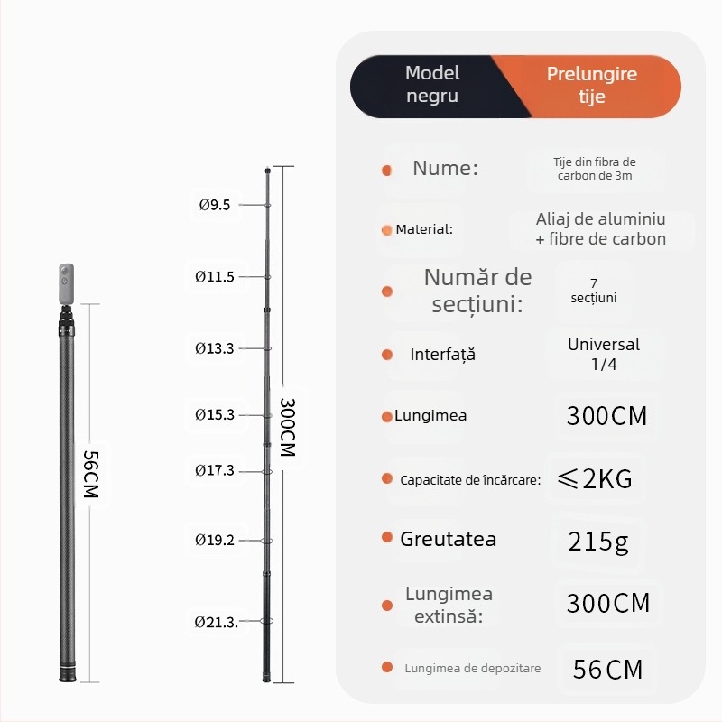 Mâner pentru selfie stick Bullet Time, rotire, 5 secțiuni, aliaj de aluminiu, sarcină 2–5 kg